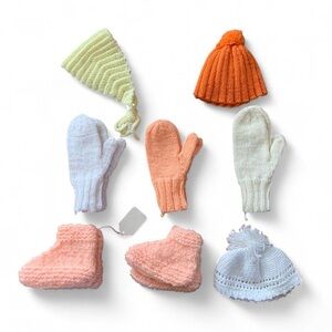 Pastel handknit bundle (3 hats, 3 mitten sets, 2 bootie sets)